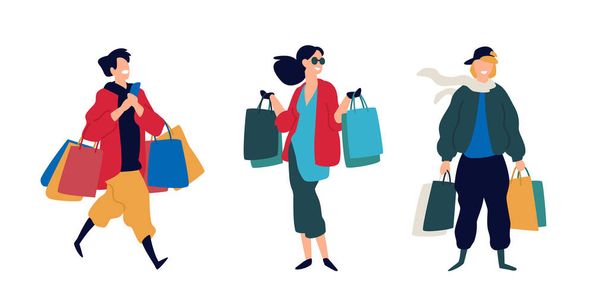 Illustration of people with purchases. Vector. Men and women who bought goods. Discounts and sales in retail networks. Flat cartoon style. Black Friday. Shopping on the Internet. Order and delivery. - Vector, Image
