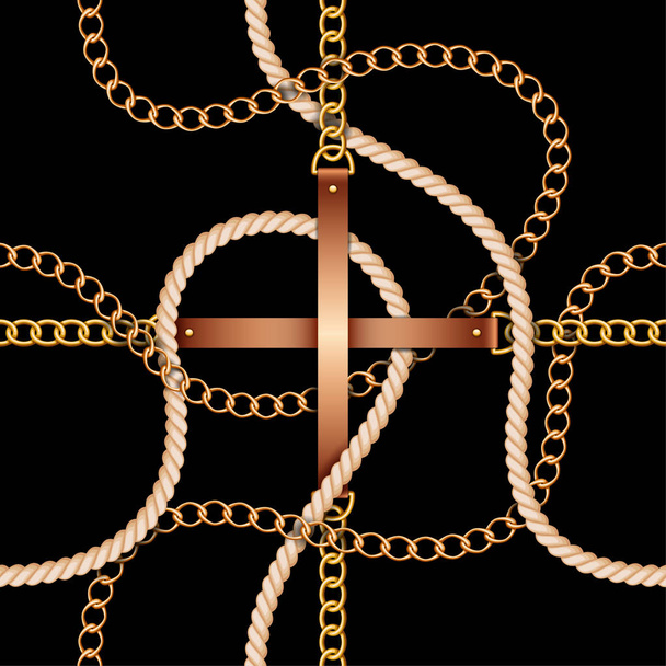 Wzór z pasów, łańcuchów i lin na czarnym tle - Wektor, obraz