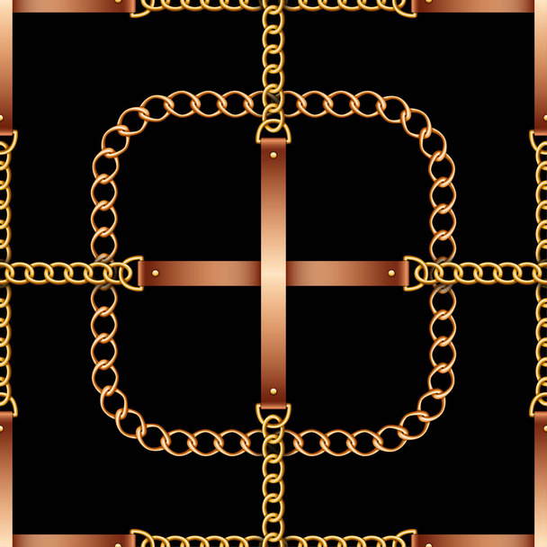 Seamless pattern with belts, chains and rope on black background - Vector, Imagen