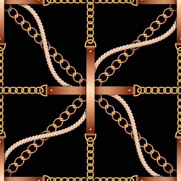 Vzor bezešvé s řemeny, řetězy a lana na černém pozadí - Vektor, obrázek