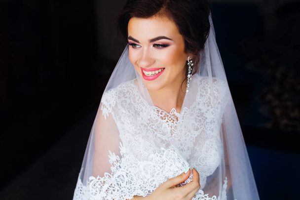 closeup of the bride in dress and bridal veil. beautiful makeup  - Photo, Image