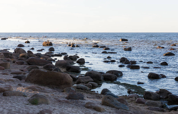 πολλές μεγάλες πέτρες στην αμμώδη ακτή της θάλασσας και επίσης στο νερό, μικρές πέτρες έχουν στοιβάζονται σε διάφορες πέτρες; θέα στη θάλασσα με ορίζοντα - Φωτογραφία, εικόνα