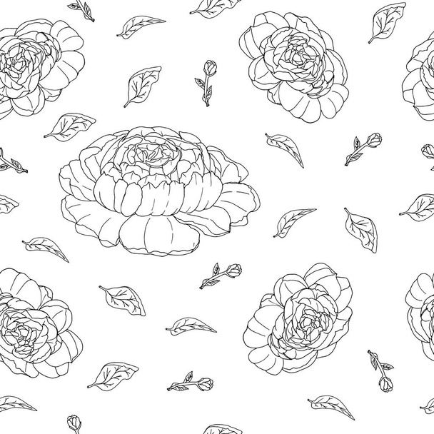 seamless pattern with hand drawn peonies black and white lines vector illustration - Vetor, Imagem