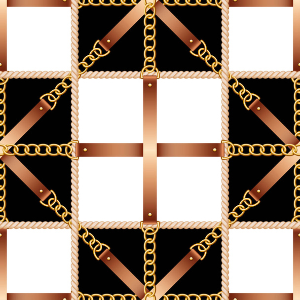 Naadloze patroon met riemen, kettingen en touw op zwarte en witte achtergrond - Vector, afbeelding
