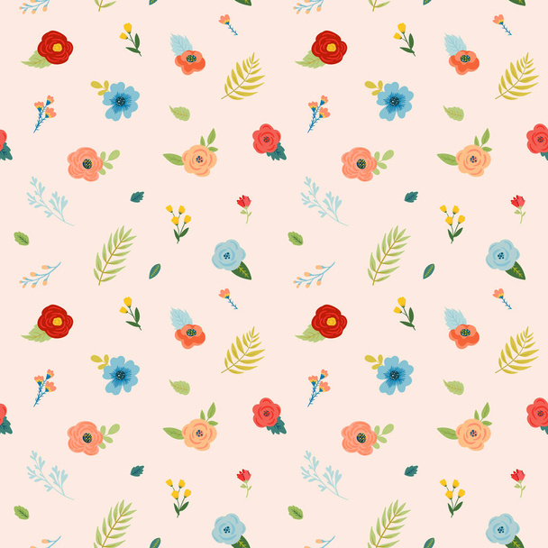 Floral Seamless Pattern with Flowers, Buds and Leaves. Fabric Botanical Background for Textile, Wrapping, Wallpaper. Fashion Print Minimal Design. Vector illustration - Vektör, Görsel