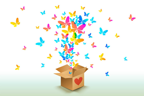 butterflies from open cardboard box - Vektor, kép