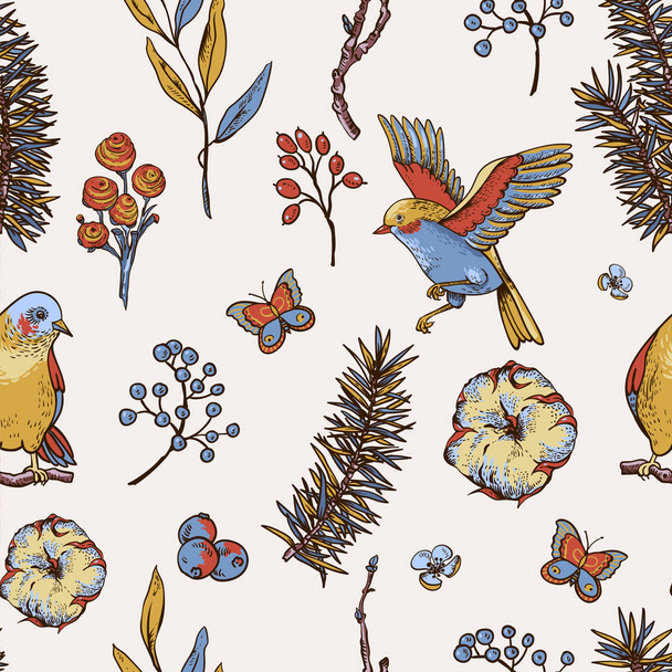 Vector vintage floral spring seamless pattern with birds, fir br - Vettoriali, immagini