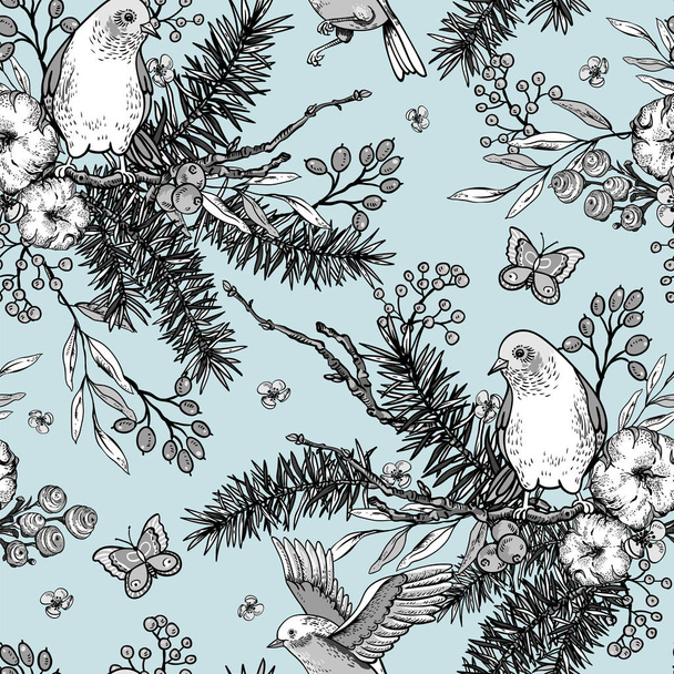 Векторний вінтажний квітковий весняний безшовний візерунок з птахами, ялицею
 - Вектор, зображення