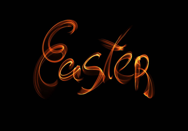 Happy Easter background written by fire flame or smoke. Invitation illustration greeting card, ad, promotion, poster, flyer, web-banner, article, social media - 写真・画像
