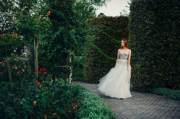 Young beautiful model is posing in a long ivory dress in the garden with a crown on her head  - Foto, afbeelding