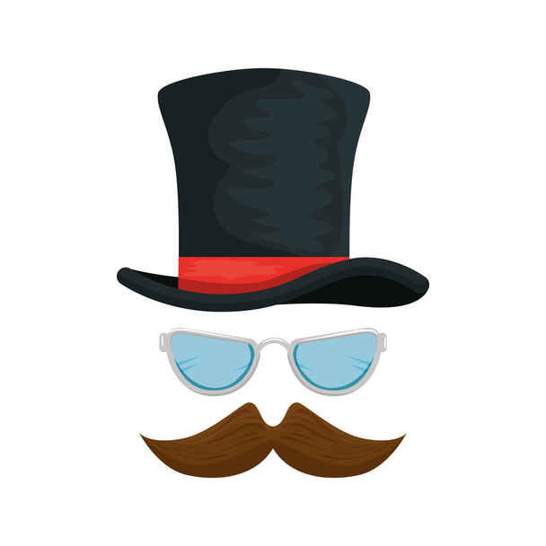 top hat with mustache and glasses hipster accessories - Vektori, kuva