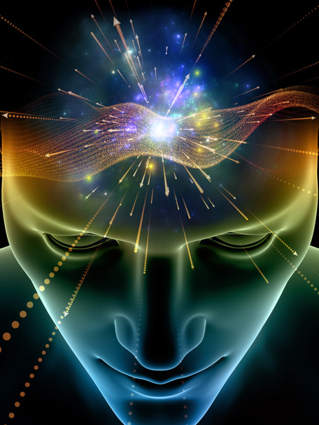 Zihin dizi elemanları. insan kafası ve sembolleri bilim, eğitim ve zihin gücü konusunda teknolojinin 3D çizimi - Fotoğraf, Görsel