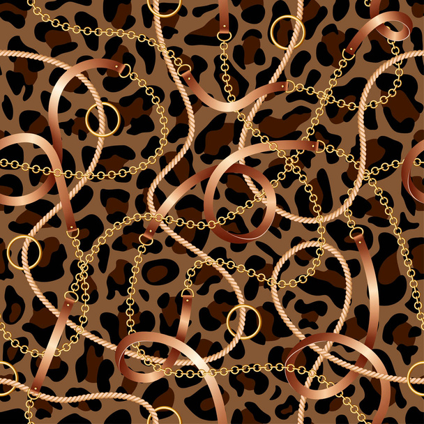 Wzór z pasy, łańcuchy i liny na tle skóry leopard - Wektor, obraz