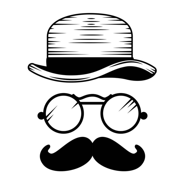 top hat with mustache and glasses hipster accessories - Vector, Image