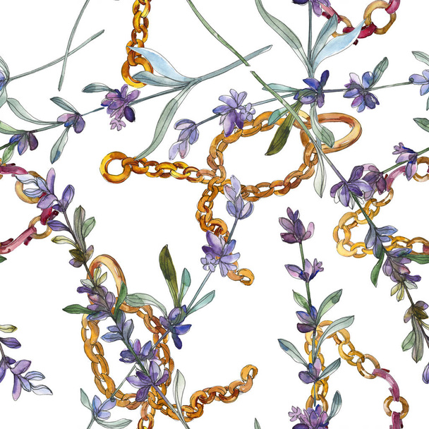 Purple lavender floral botanical flower. Watercolor background illustration set. Seamless background pattern. - Foto, Imagem