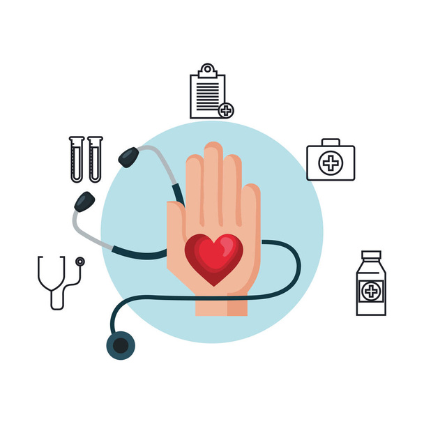 hand with heart cardio and medical icons - Vector, afbeelding