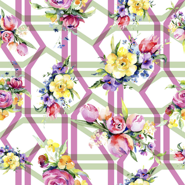 Bouquets floral botanical flowers. Watercolor background illustration set. Seamless background pattern. - Фото, зображення