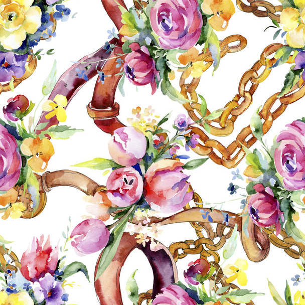 Bouquets floral botanical flowers. Watercolor background illustration set. Seamless background pattern. - Fotó, kép
