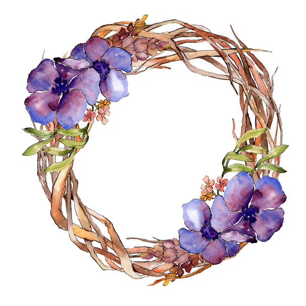 Ramo azul púrpura flores botánicas florales. Conjunto de ilustración de fondo acuarela. Marco borde ornamento cuadrado
. - Foto, imagen
