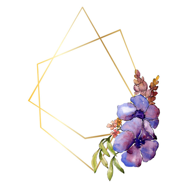 blaulila Blumenstrauß mit botanischen Blumen. Aquarell Hintergrundillustration Set. Rahmen Rand Ornament Quadrat. - Foto, Bild