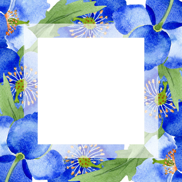 Blue poppy floral botanical flowers. Watercolor background illustration set. Frame border ornament square. - Foto, afbeelding