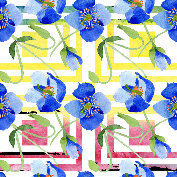 青いケシの花植物花。水彩イラスト セット。シームレスな背景パターン. - 写真・画像
