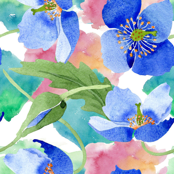 Blue poppy floral botanical flowers. Watercolor illustration set. Seamless background pattern. - Zdjęcie, obraz