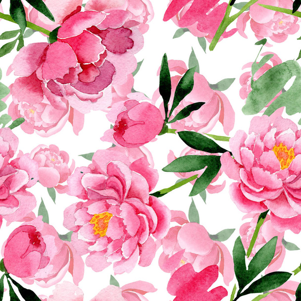 Pink peony floral botanical flowers. Watercolor background illustration set. Seamless background pattern. - Фото, зображення