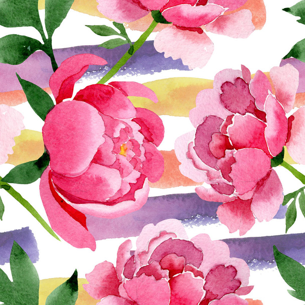 ピンクの牡丹の花植物花。水彩画背景イラスト セット。シームレスな背景パターン. - 写真・画像