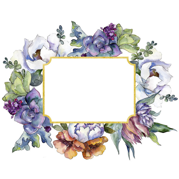 Bouquets floral botanical flowers. Watercolor background illustration set. Frame border ornament square. - Photo, Image