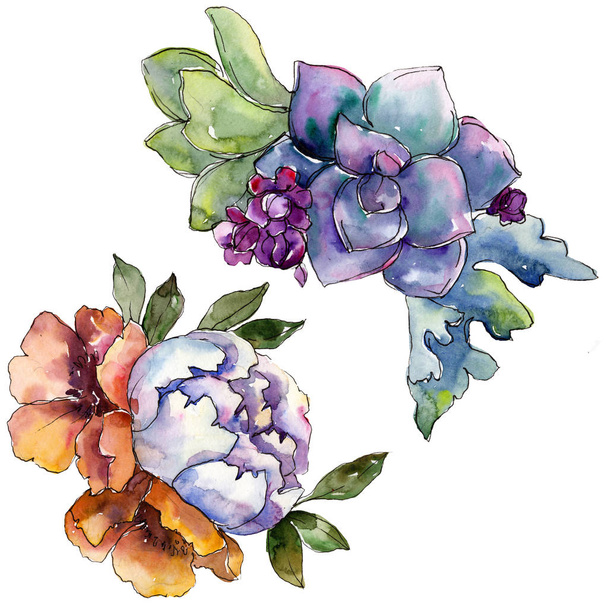Csokorkészítés virág botanikai virágok. Akvarell háttér illusztráció készlet. Elszigetelt csokor ábra elem. - Fotó, kép