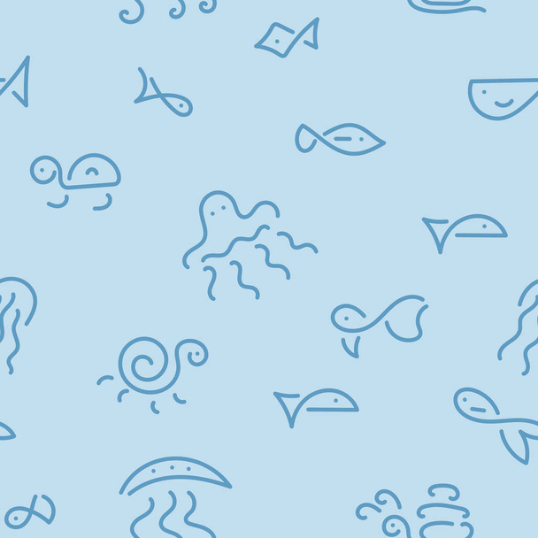 Doodle Hand in die Wellen ziehen. Hintergrund. Meer. Fische, Quallen, Schnecken. Vektorillustration - Vektor, Bild
