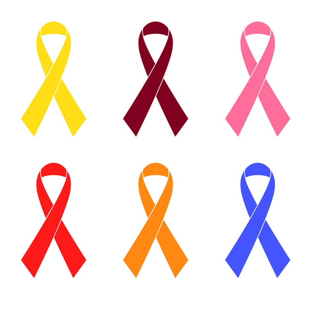 Conjunto de cintas de conciencia. Amarillo, granate, rojo, rosa, azul, cintas naranjas. Ilustración vectorial
 - Vector, Imagen