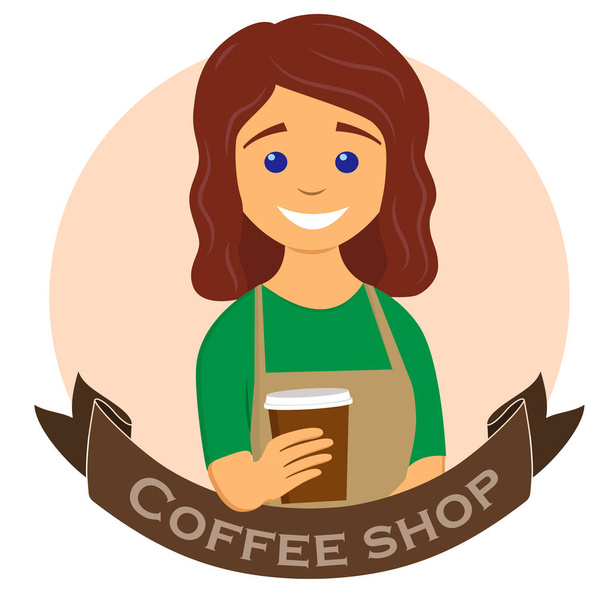 Barista che dà il caffè da asporto. Caffetteria, etichetta del bar, distintivo o emblema. Illustrazione vettoriale in stile piatto
 - Vettoriali, immagini