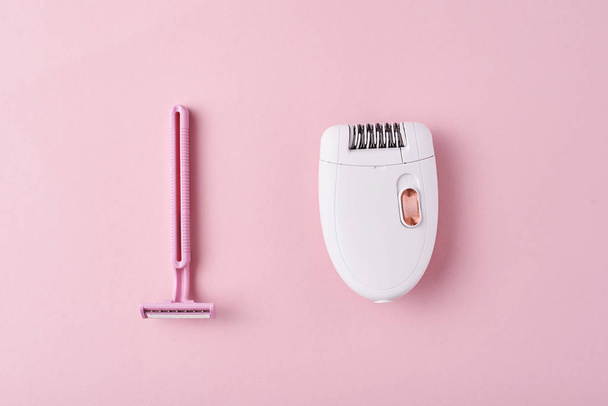 Epilator and razor fr shaving on pink background - Photo, Image