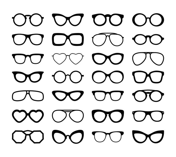 Set Of Black Silhouettes Of Different Eyeglasses. Flat Design. Vector Illustration. Isolated On White Background. - Vector, Image