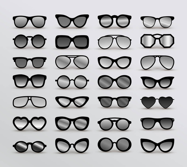 Set de Siluetas Negras de Gafas Diferentes. Diseño plano. Ilustración vectorial. Aislado sobre fondo blanco. - Vector, imagen