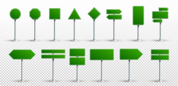 Set Of Green Traffic Signs. Road Board Text Panel, Mockup Signage Direction Highway City Signpost Location Street Arrow Way. Vector. Illustration. Isolated On Transparent Background. - Vector, Image