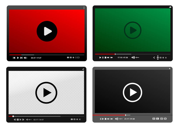 Set Of Modern Video Player. Black, Red, Green Design Template For Web And Mobile Apps Flat Style. Vector Illustration. Isolated On White Background. - Vector, Image