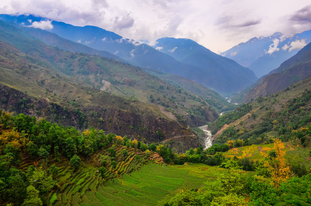 Dolina górska tropikalną, obszar annapurna, nepal - Zdjęcie, obraz