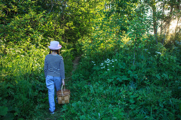 Молодая девушка идет по тропинке через зеленые леса с корзиной
 - Фото, изображение