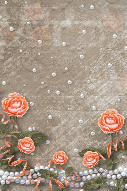 Holiday card with pearls and bouquet of beautiful peach  roses on brown paper background - 写真・画像