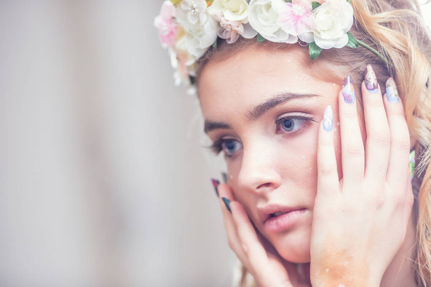 Portrait of beautiful fashion girl creative makeup art nails and - Фото, изображение