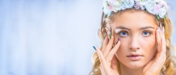 Portrait of beautiful fashion girl creative makeup art nails and - Fotó, kép