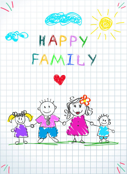 Šťastné rodinné hospodářství ruce dětské kresby. Doodle. - Vektor, obrázek