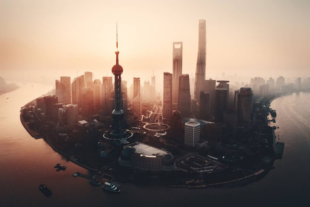 Shanghai Stadt Sonnenaufgang Luftaufnahme mit Pudong Geschäftsviertel - Foto, Bild
