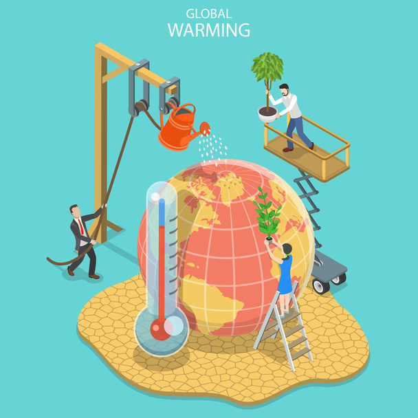 Isometrische platte vector concept van opwarming van de aarde, de wereldwijde klimaatverandering. - Vector, afbeelding