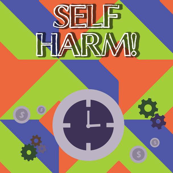 Написание текста "Self Harm". Бизнес-концепция для преднамеренного травматизма, как правило, анализ психологического времени управления иконки часов, шестерни колес и знак доллара валюты
. - Фото, изображение