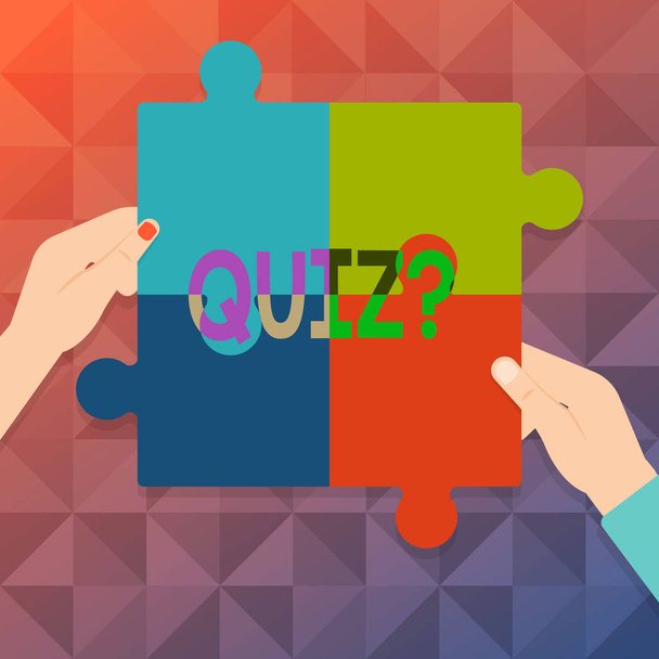 Word metin yazma Quizquestion. İş kavramı kısa testleri değerlendirme sınavı dört boş Multi renk Jigsaw Puzzle kiremit parçaları koymak birlikte insan eli tarafından bilginizi ölçmek için. - Fotoğraf, Görsel