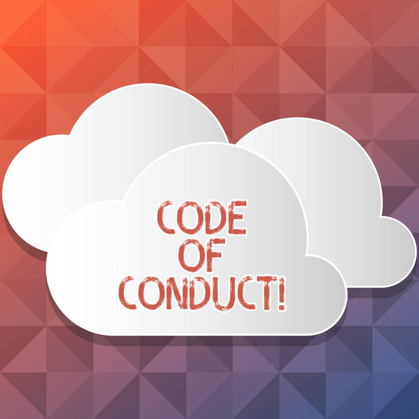 Käsiala tekstiä kirjallisesti Code of Conduct. Käsitteen merkitys Noudata liiketoiminnan eheyden periaatteita ja standardeja Blank White Fluffy Clouds Cut Out of Board Kelluvat päällekkäin
. - Valokuva, kuva